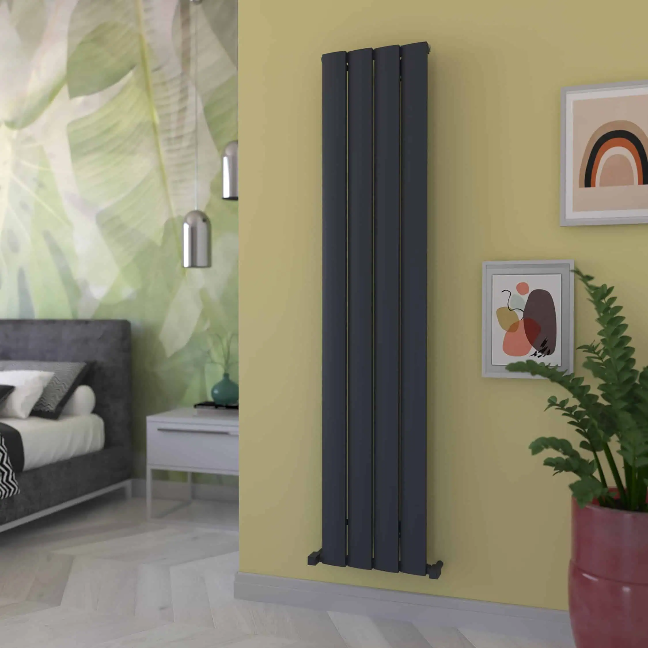 step 375x1800 txa-min Modern black vertical radiator in stylish living room decor.