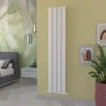 Modern white vertical radiator in living room decor.