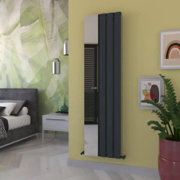 Radiator heater with sleek black design in modern bedroom setting.