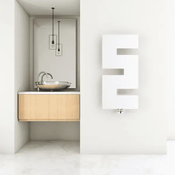 Modern bathroom interior with minimalist design and heating radiator, sleek sink, and stylish lighting fixtures.