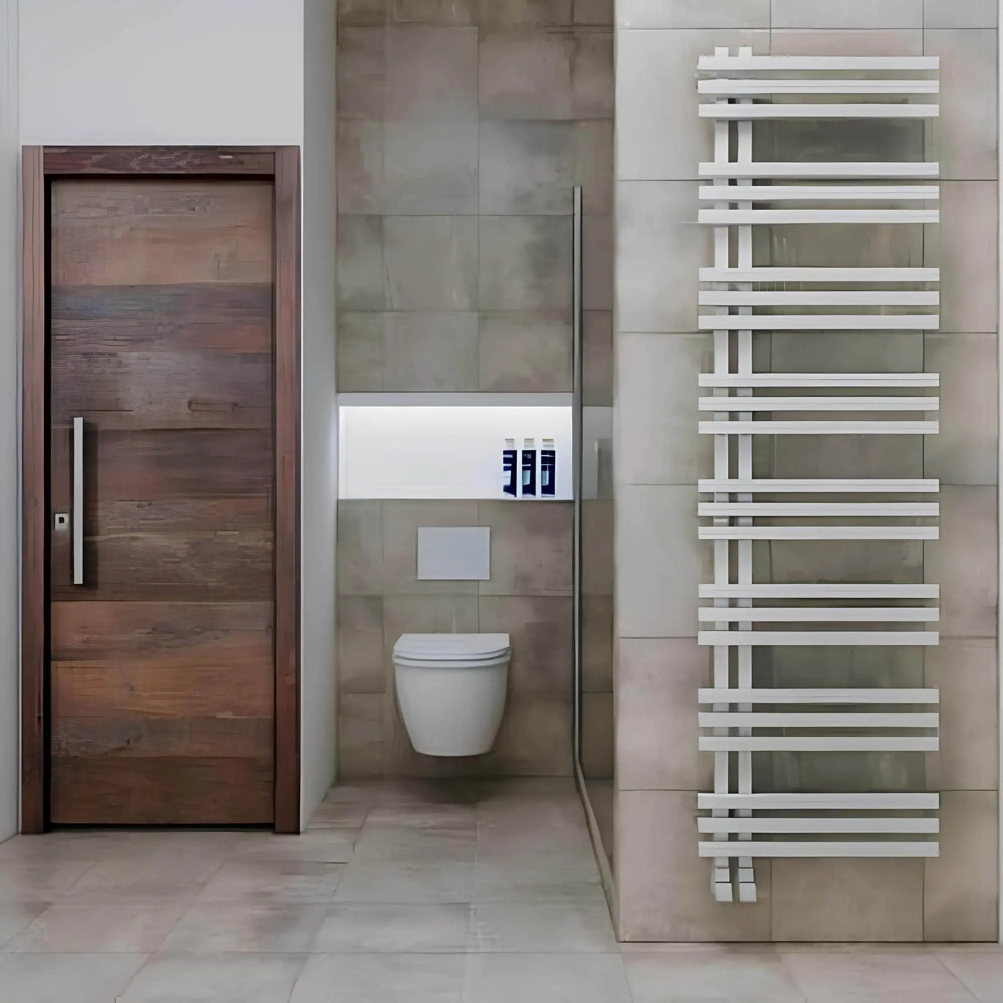 terra-aluminyum-havlupan-kumlu-beyaz - 81e9- (1) (1) Contemporary bathroom with modern heating radiator and sleek design elements.