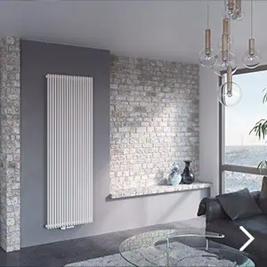 Vertical modern white radiator in stylish living room interior, contemporary home heating solution.