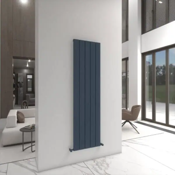 Blue modern radiator heating panel in contemporary home interior.