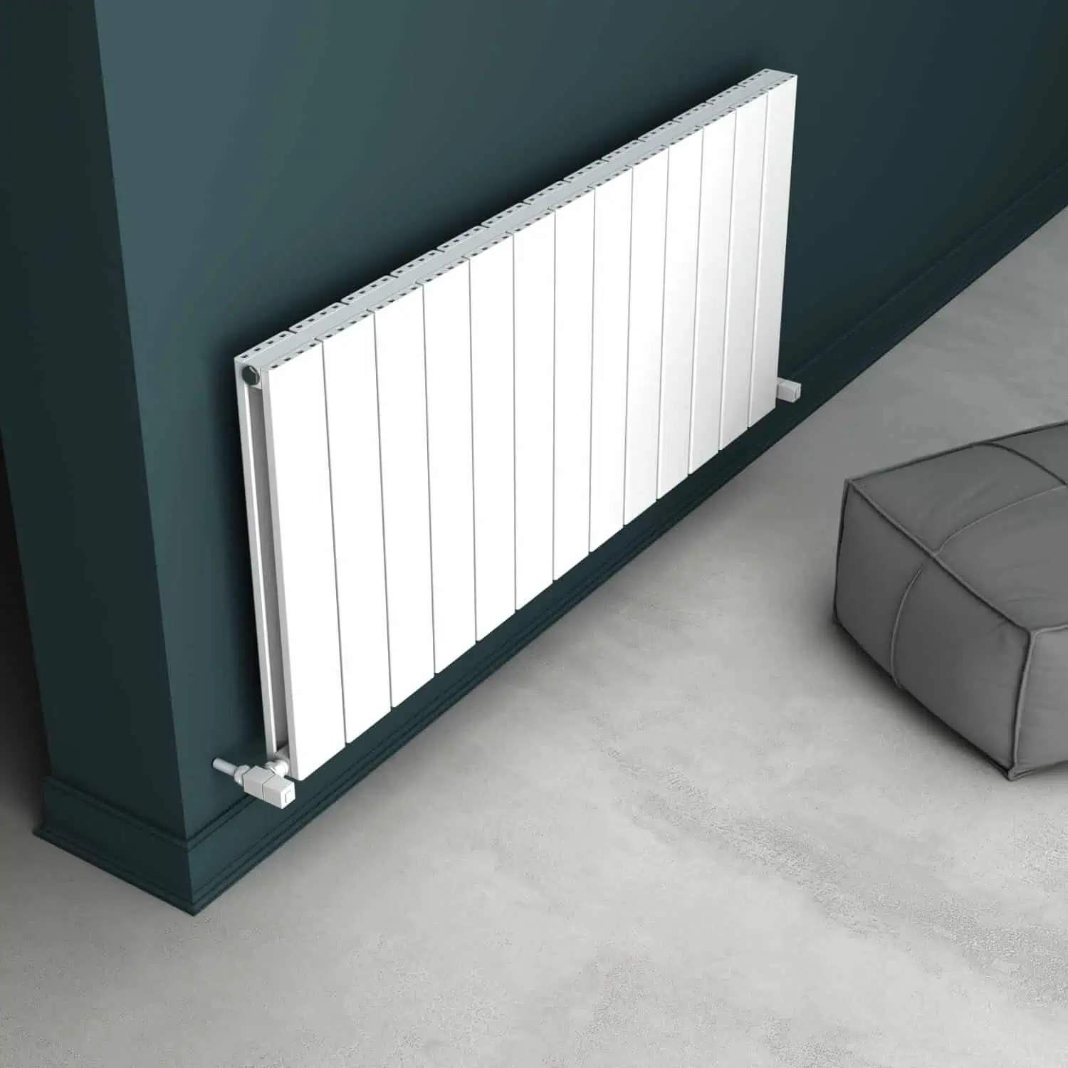 ANGERS DOUBLE 600X1295X13 TXW Radiator installation in modern living room, clean white panel radiator on dark wall, heating system, stylish home decor.