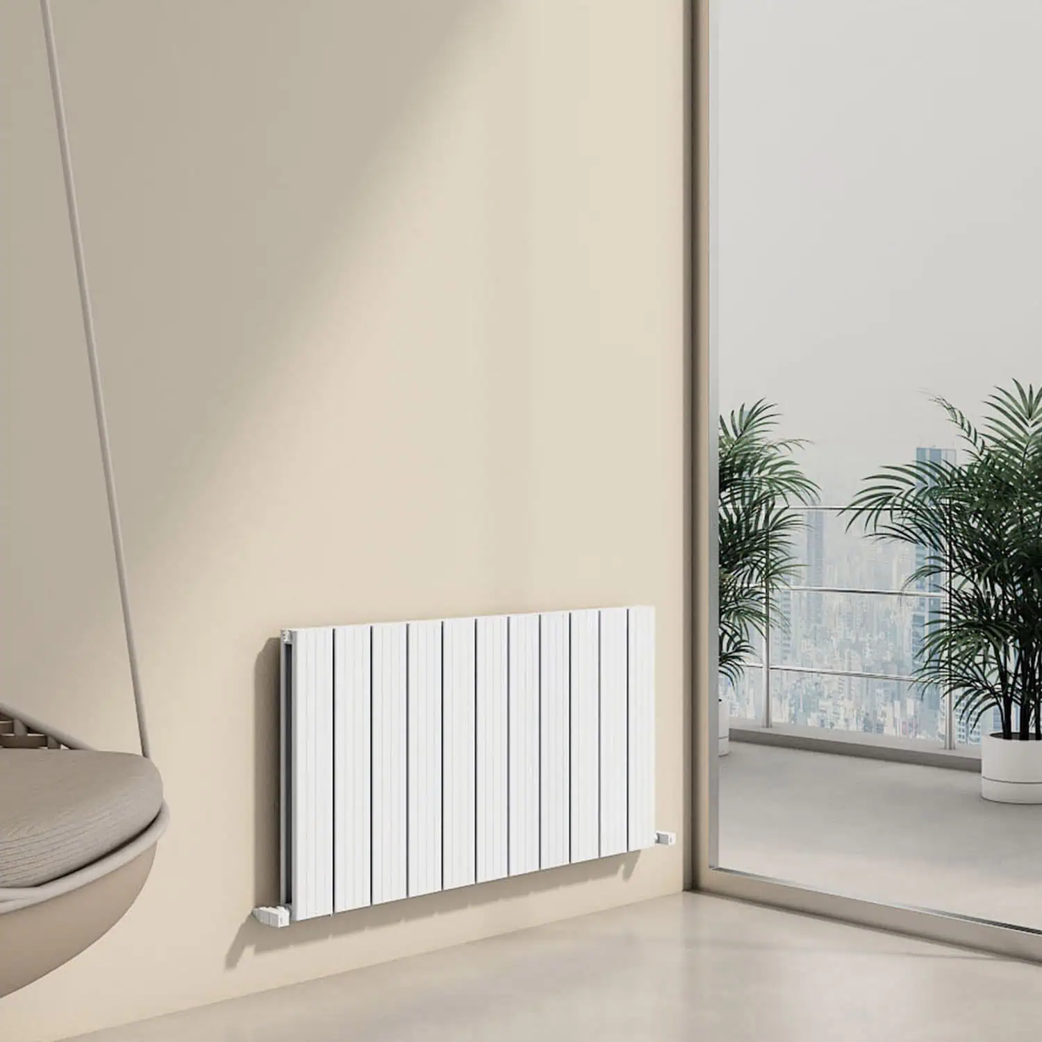 CHAMBORD DOUBLE 600X1095X11 TXW Contemporary white panel radiator installed in modern apartment with large window and city view, ideal for home heating.