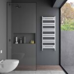 Modern gray bathroom with walk-in shower, floating toilet, and wall-mounted towel radiator.