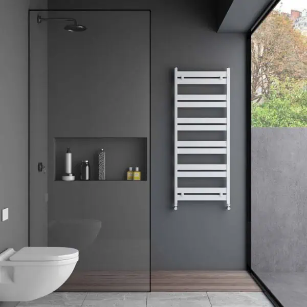 Modern gray bathroom with walk-in shower, floating toilet, and wall-mounted towel radiator.