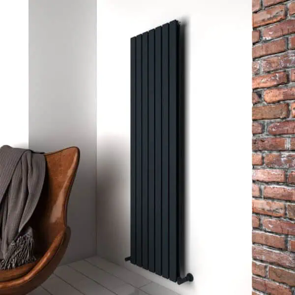 Black modern radiator. Stylish heating solution in contemporary interior design.