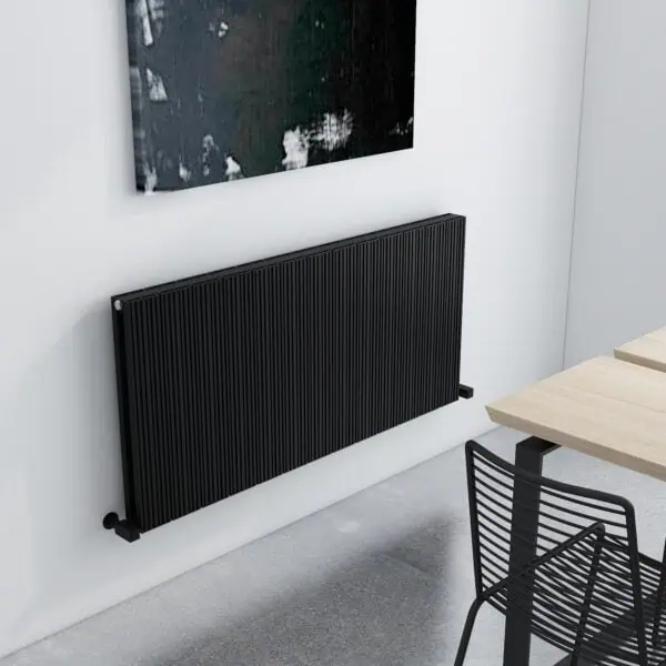 Radiator with black modern design in minimalist interior, wall-mounted heating solution, contemporary home decor, Poshrads radiator UK.