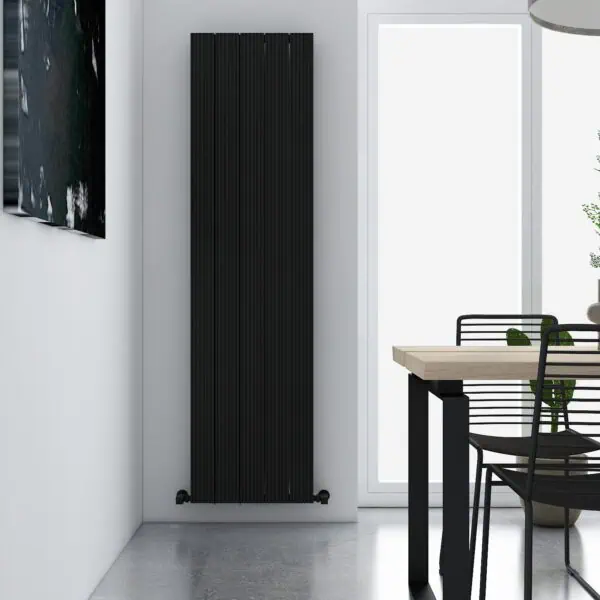 Vertical black radiator in modern interior, stylish home heating solution, slim designer radiator design, energy-efficient heating unit, modern decor element.