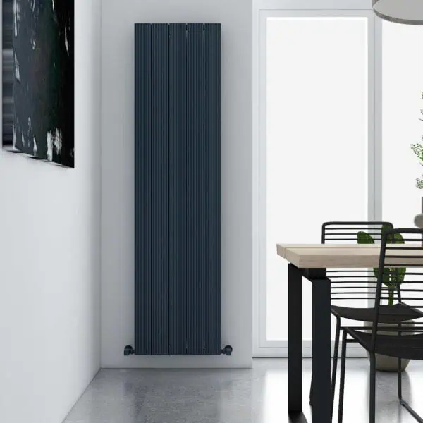 Sleek modern black vertical radiator in minimalist dining room, contemporary home decor, energy-efficient heating solution, stylish interior design.
