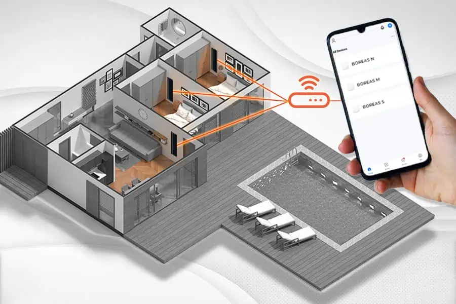 Smart home security system with mobile app control and remote monitoring.
