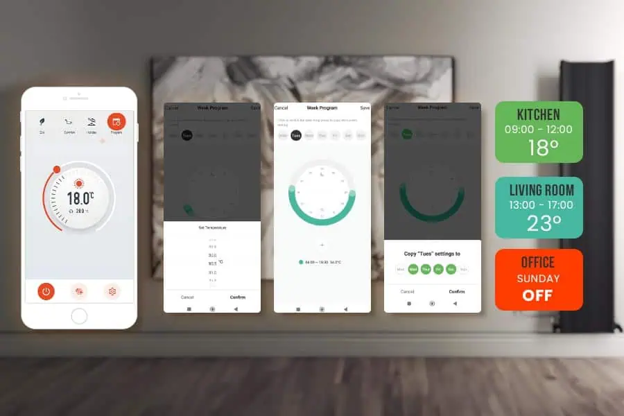 Smart home thermostat app control for heating and cooling systems.