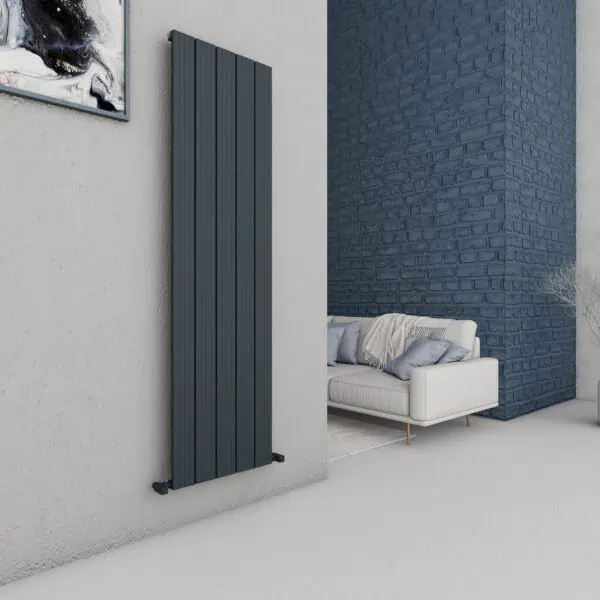 Radiator heater in modern interior living room with navy brick wall and white sofa.