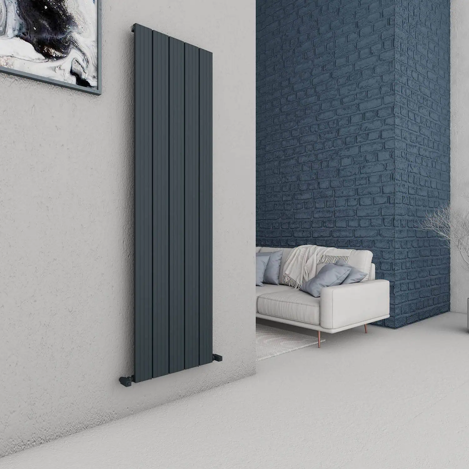 CHAMBORD 1800X495X5 TXA Radiator heater in modern interior living room with navy brick wall and white sofa.