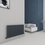 Modern heating radiator in a stylish minimalistic living room setting.