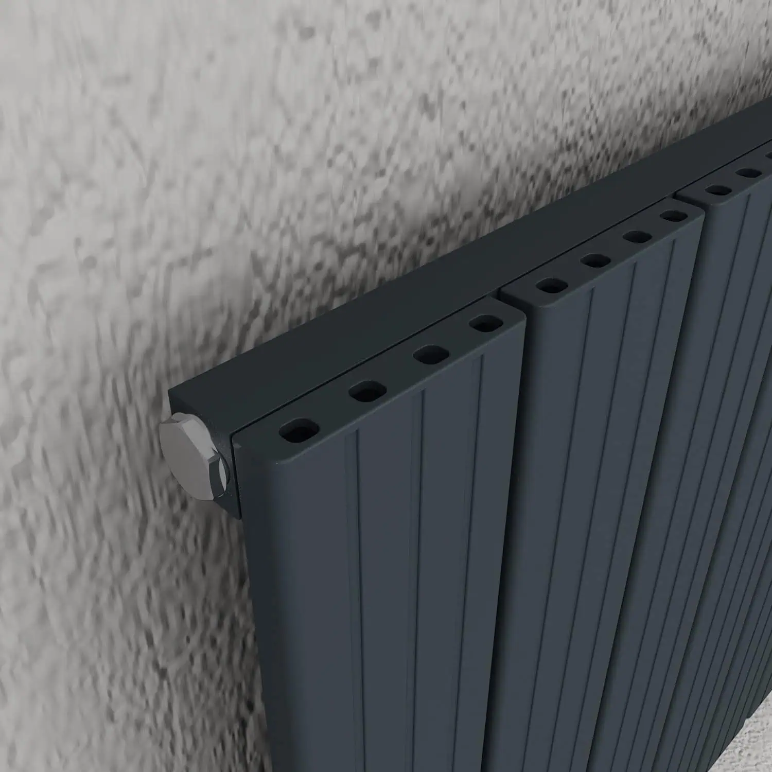 DETAY TXA Modern black radiator close-up image showing sleek design and wall mounting for efficient heating.