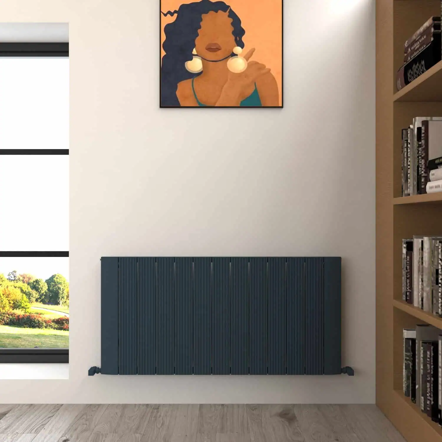 DUNE 600X1230X13 TXA Radiator installation for modern home interior with artwork and bookshelf.