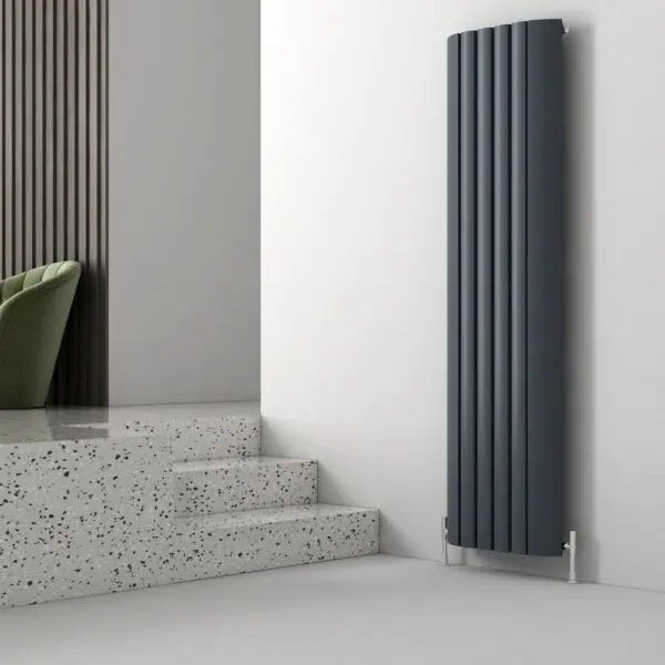 Radiator for modern interior heating, black vertical panel heater, stylish home decor element.