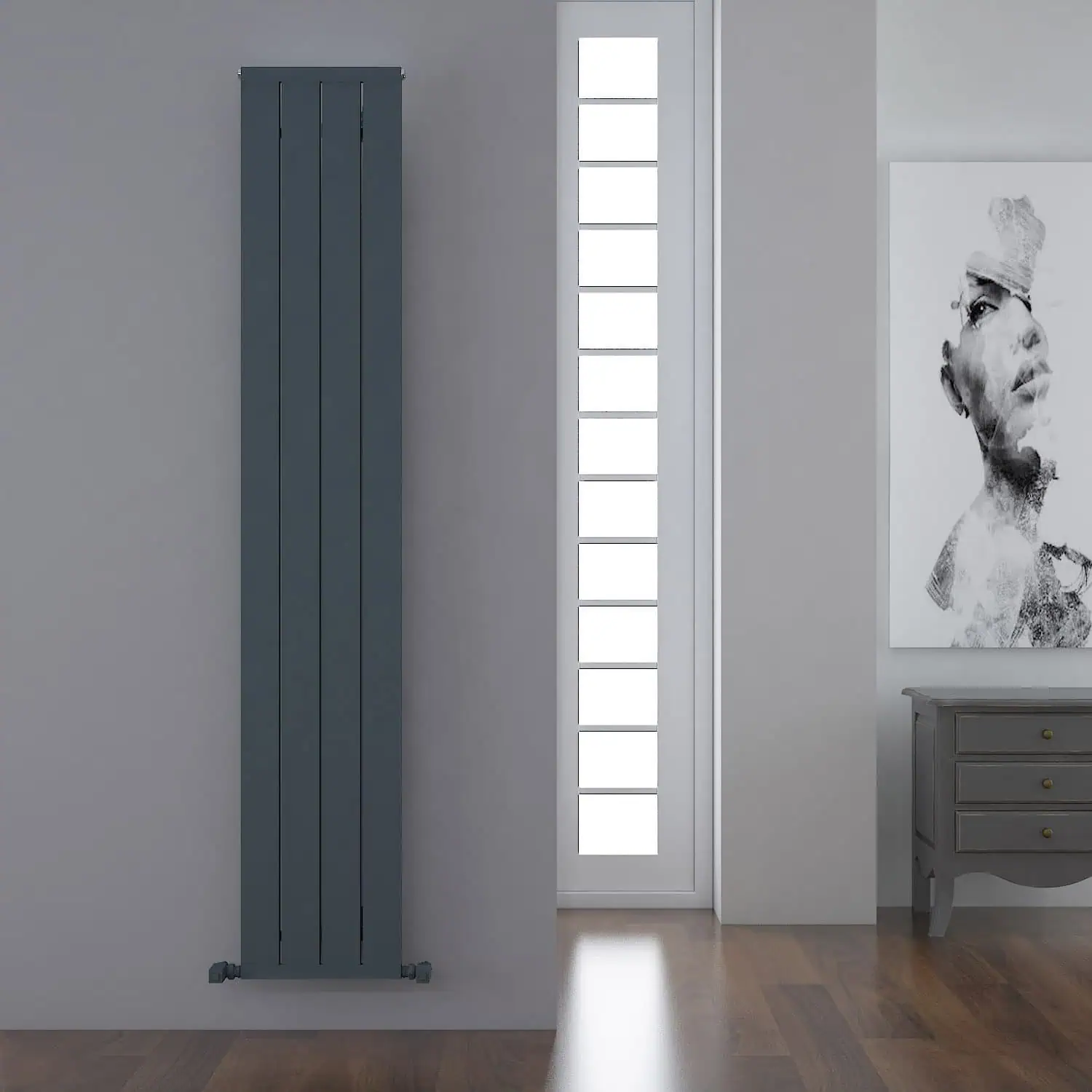 MACK 1800X315X4 TXA Vertical modern radiator in a contemporary interior setting.