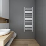 Modern white heated towel radiator in minimalist bathroom setting.