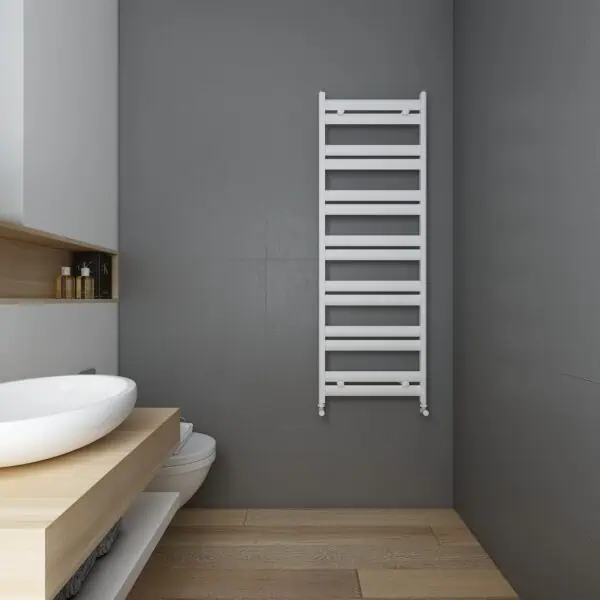 Modern white heated towel radiator in minimalist bathroom setting.