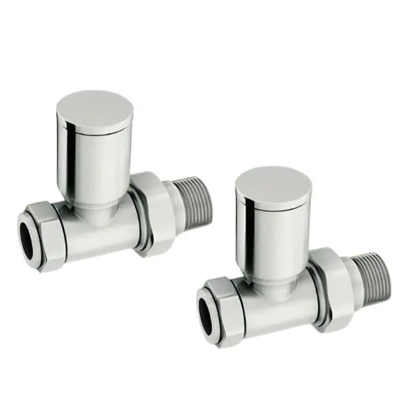 Brass radiator valve set for central heating systems, adjustable temperature control.