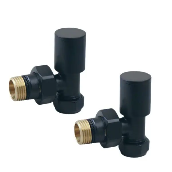 Black radiator bleed valve pair for efficient heating system control.