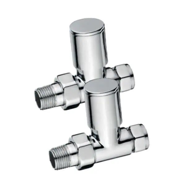 Shiny chrome brass angle valve fittings for plumbing and water control systems.