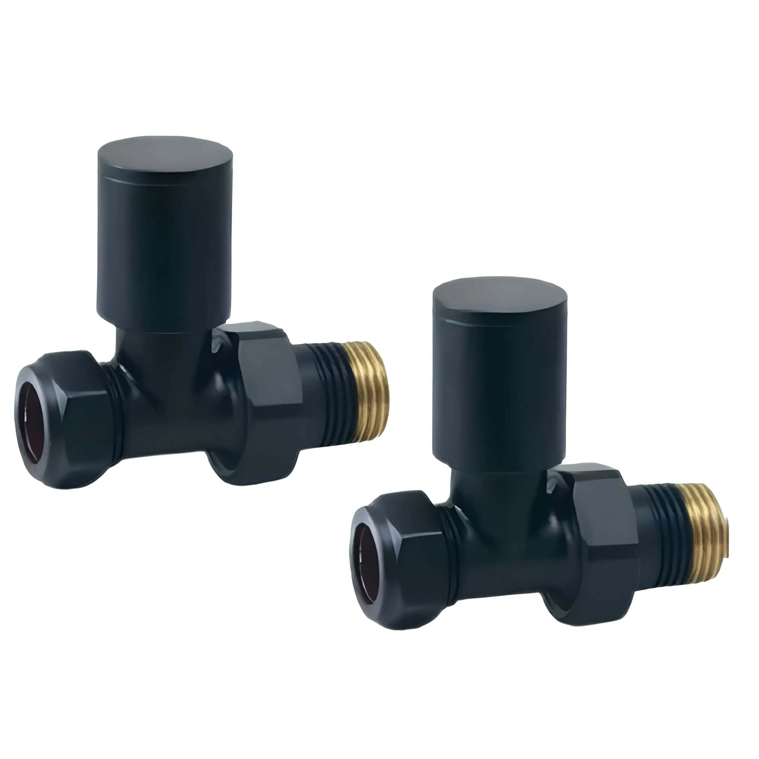 SPERA-STRAIGHT-VALVES-scaled 21100908 Black thermostatic radiator valve with brass fittings, used for controlling home heating systems.
