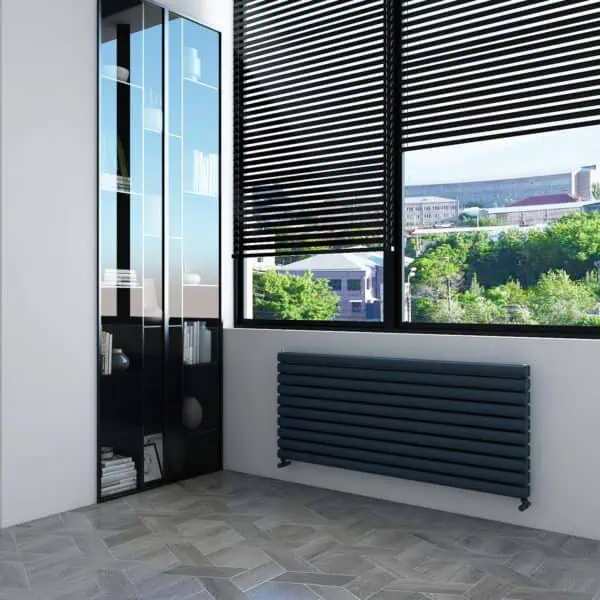 Black horizontal window blinds in modern room with radiator and glass cabinet.