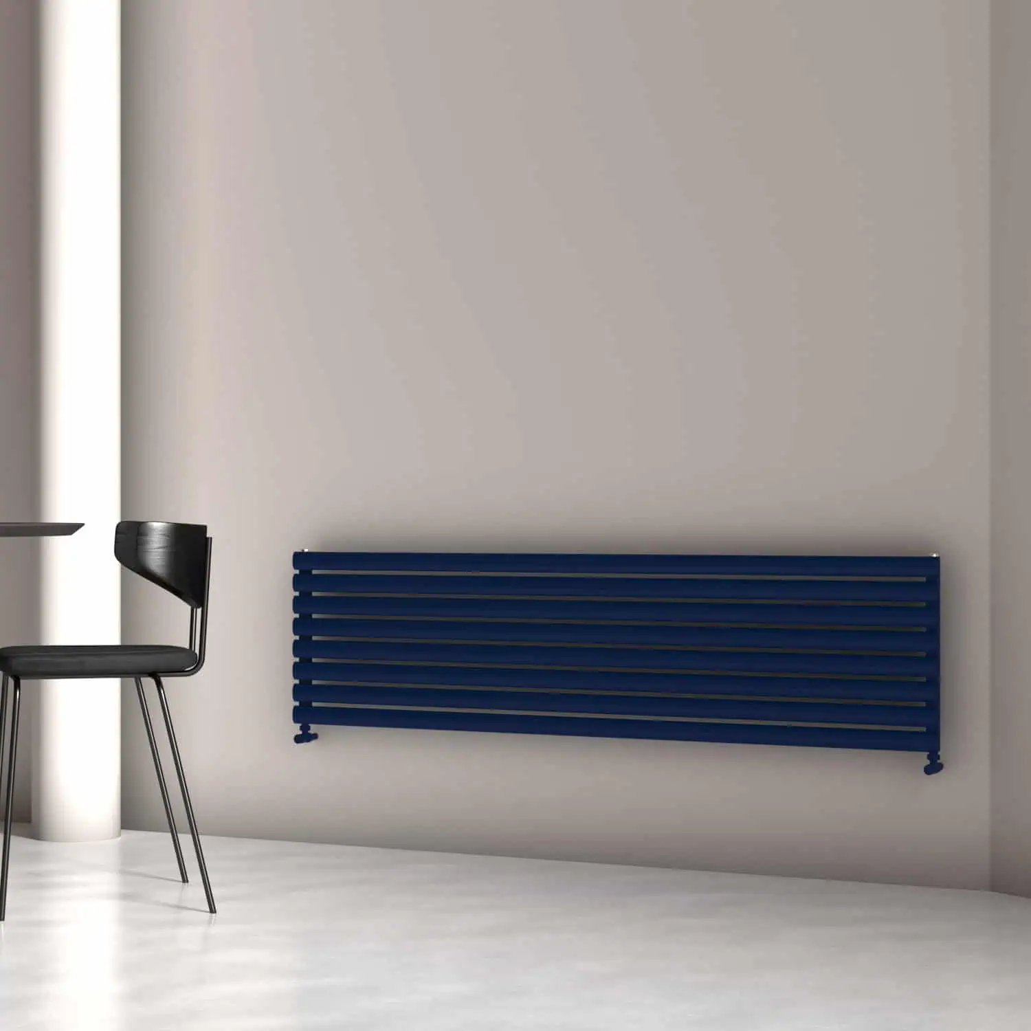 TALLIS XL 470X1800X8 TXNB Contemporary navy blue radiator mounted on a neutral wall in a modern interior setting.