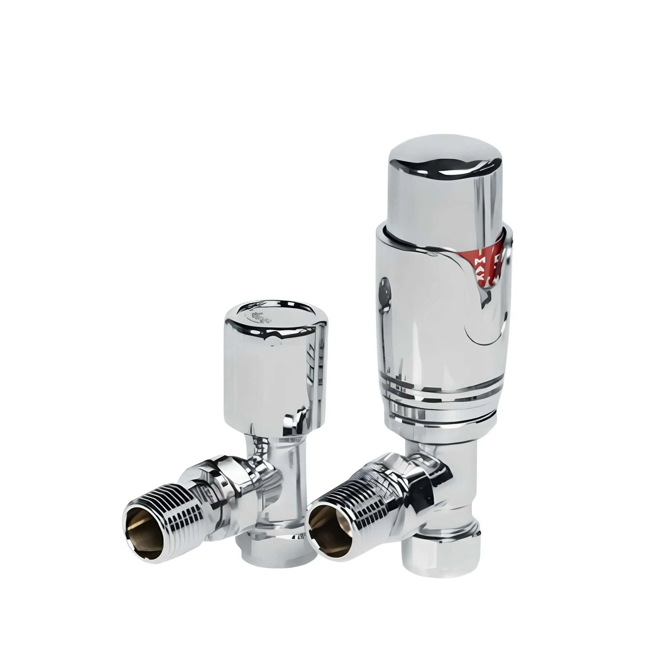 THERMOSTATIC-ANGLED-VALVES-CHROME-21100937 Polished chrome valve set for radiator or heating system, high-quality plumbing accessories.