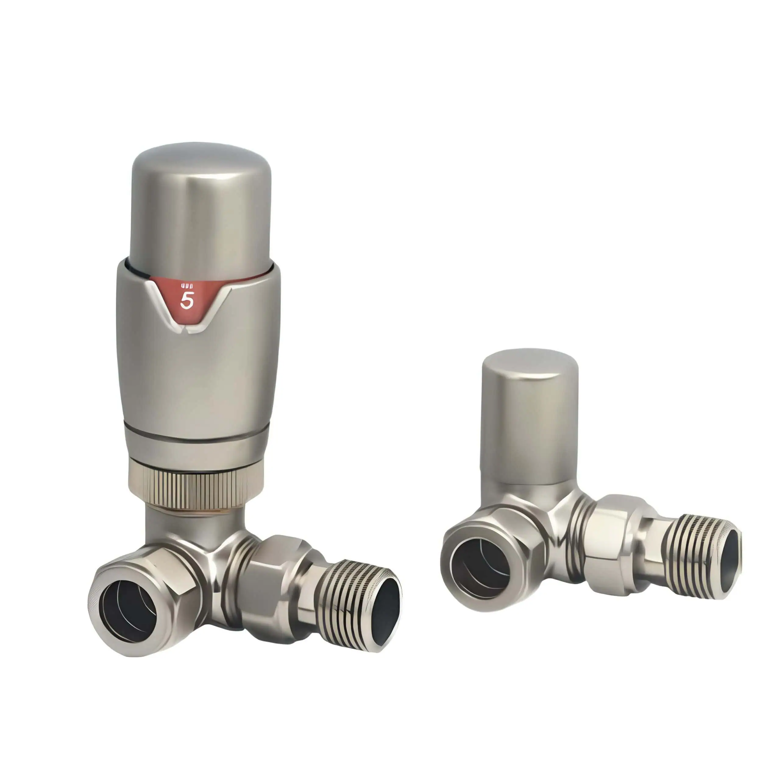 THERMOSTATIC-CORNER-DOUBLE-ANGLED-BRUSHED-NICKEL-2100942 Aluminum radiator valves for heating systems with adjustable temperature control.