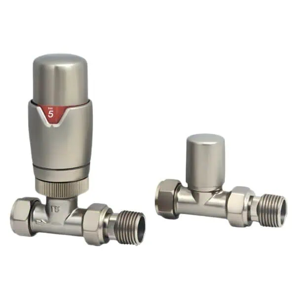 Heated radiator valve set for central heating system, adjustable thermostatic control.