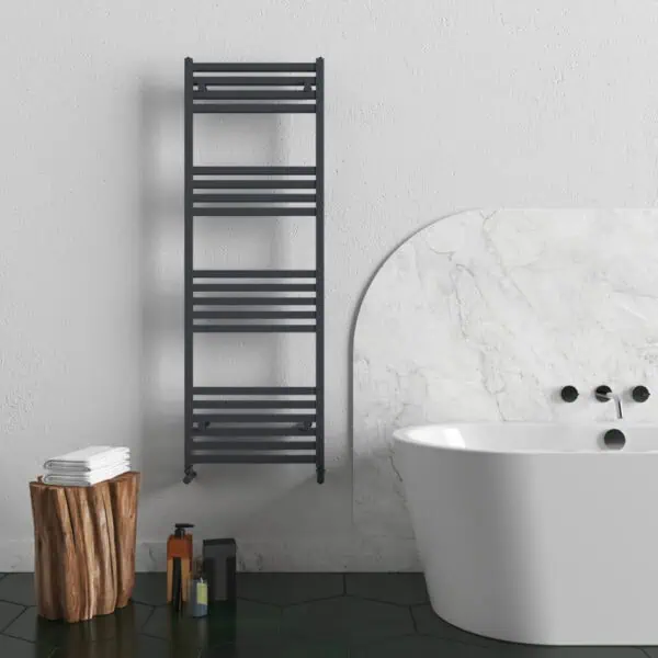 Luxury modern bathroom with bathtub and heated towel rail, minimalist design, natural decor elements, tranquil space.