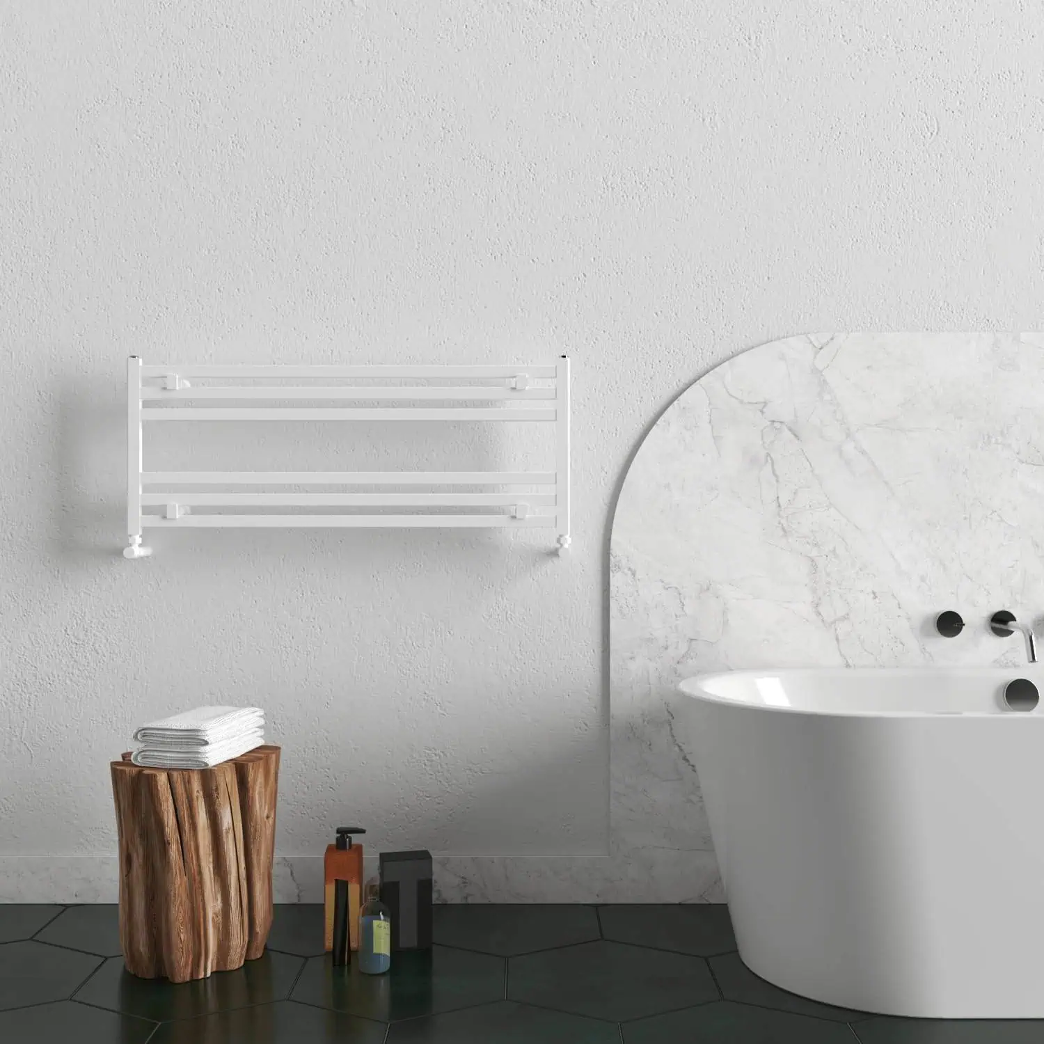 fame horizontal txw-min Modern bathroom with freestanding bathtub, minimalist wall-mounted towel warmer, and natural wood decor.