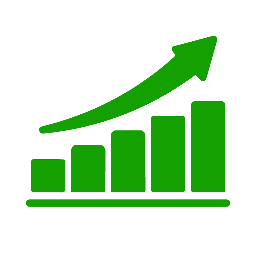 Growing business graph with upward trend and green arrow, representing positive growth and success.