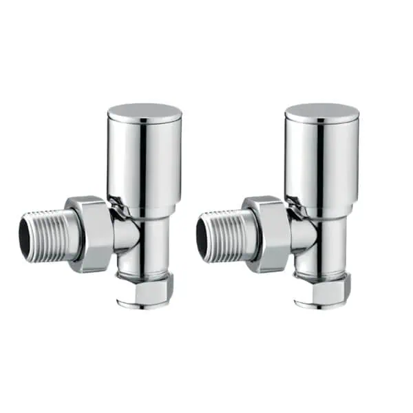 Polished chrome radiator valves for central heating systems.