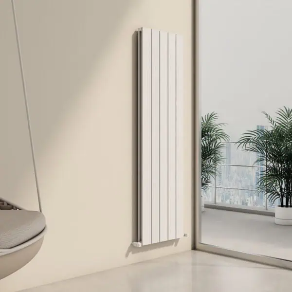 Modern vertical panel radiator in a contemporary interior setting.