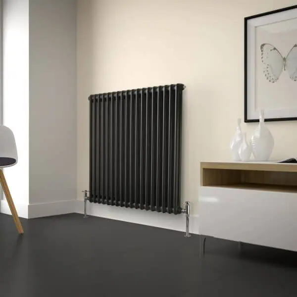 Black vertical radiators heater in modern home living room, energy-efficient heating solution.