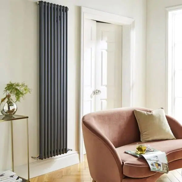 Black vertical radiator for modern home heating system.