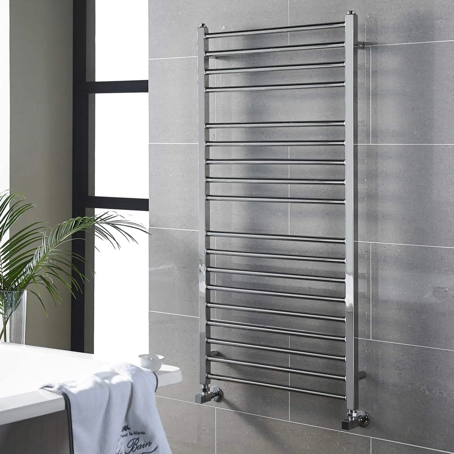 Metro-Lifestyle-MET1200-600 Polished stainless steel towel radiator for modern bathroom heating solutions.