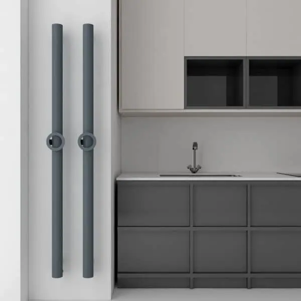 Modern kitchen with sleek gray cabinets and a minimalist design.