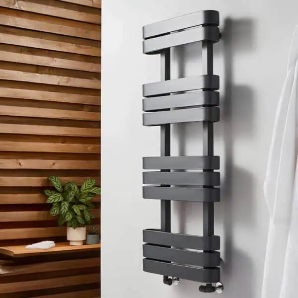 Modern black towel radiator for bathroom heating, stylish and efficient design.