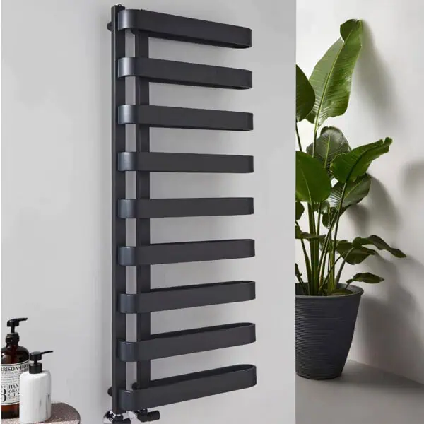 Contemporary black towel radiator in modern bathroom decor.