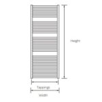 Innovative towel radiator design with sleek horizontal bars and precise measurements.