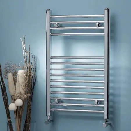Chrome towel radiator, modern heated towel rail for bathroom heating and drying clothes.