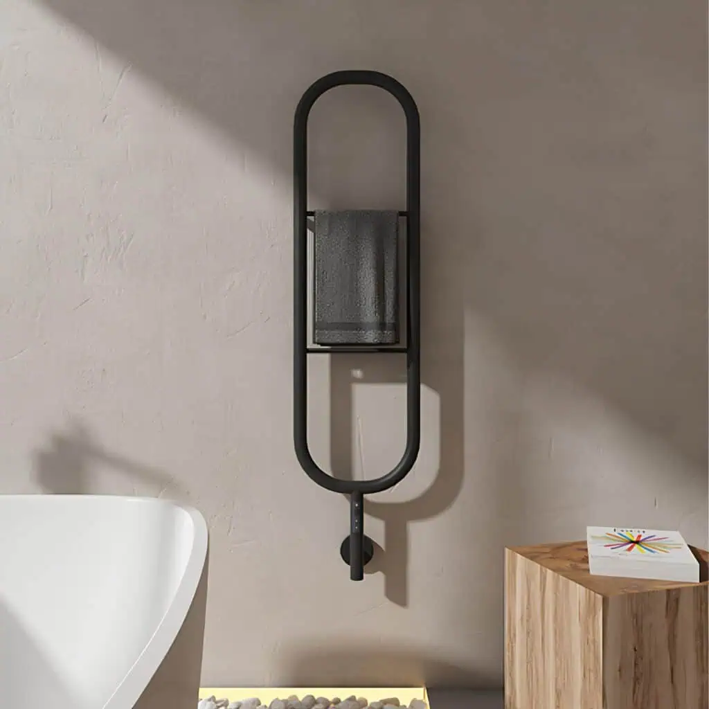 Modern wall-mounted towel rack with integrated storage in sleek black finish.
