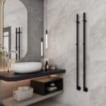 Dante matt black electric designer towel rail combines bold style with energy efficiency, strong durability, and modern appeal for contemporary bathrooms